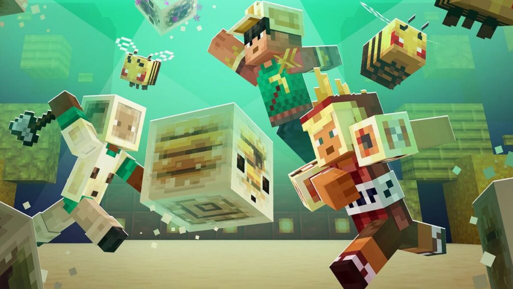 Personaje de Minecraft sentado sobre un cojín colorido en un bloque de madera
